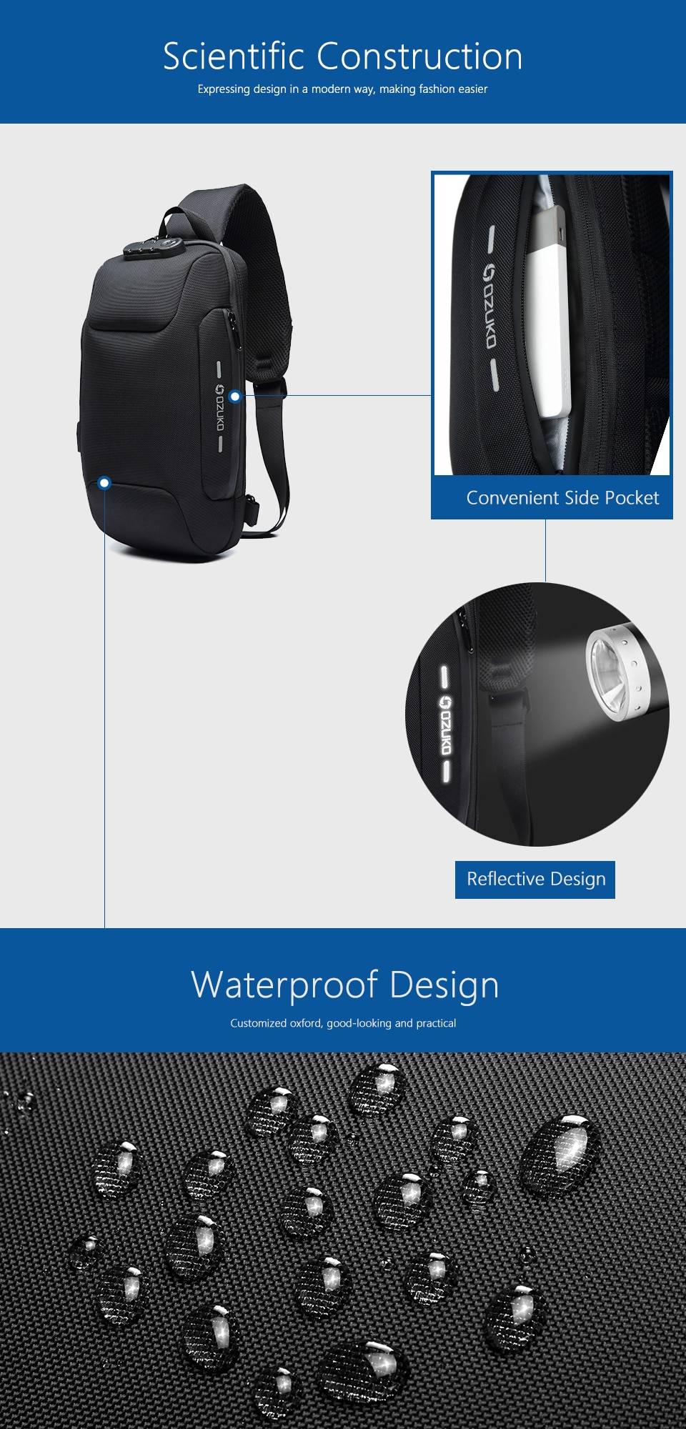 OZUKO 2019 New Multifunction Crossbody Bag for Men Anti-theft Shoulder Messenger Bags Male Waterproof Short Trip Chest Bag Pack